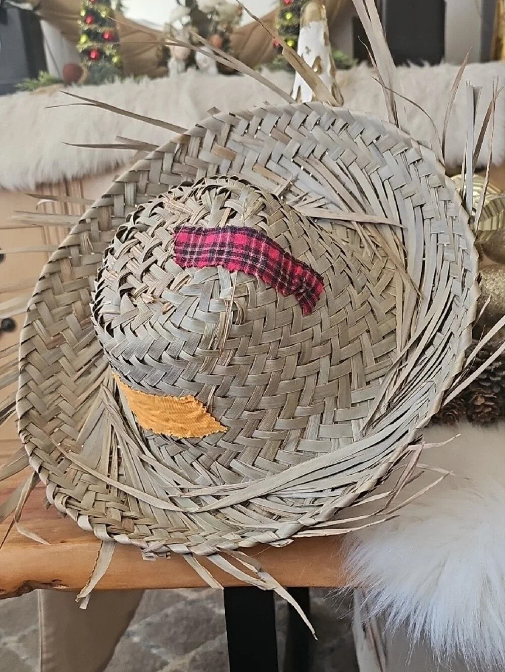 Straw Patchwork Sun Hat - Natural with Orange Blue & Red Plaid For Men And Women